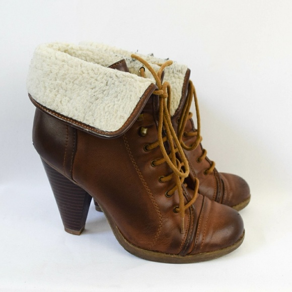 Mia Shoes - MIA Brown Leather Cuffed Lace Up Heel Booties 6.5